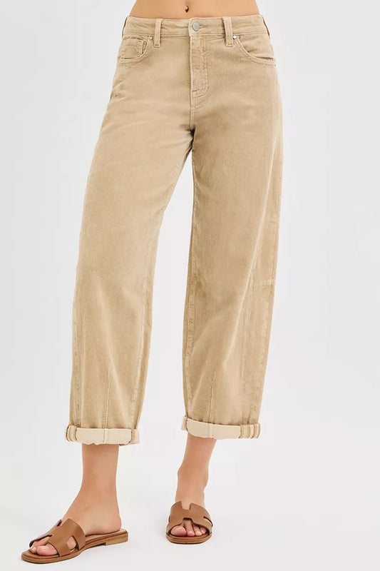 RISEN High Rise Crop Barrel Cordurory Pants TAN / 0 