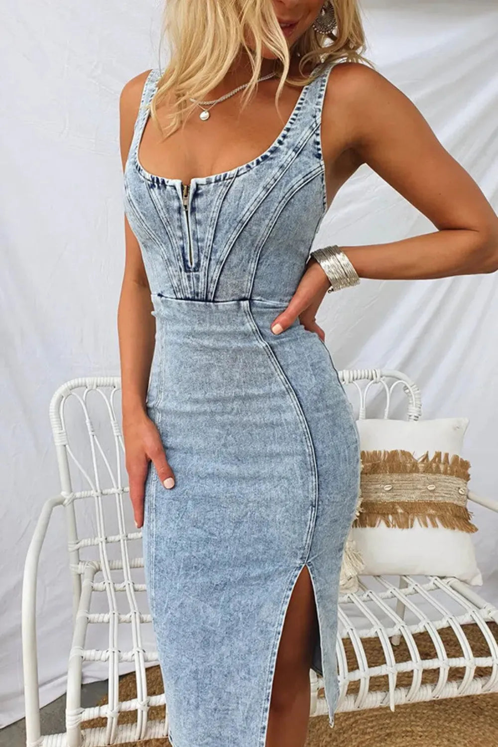 Side Slit Washed Scoop Neck Denim Dress Black / S 