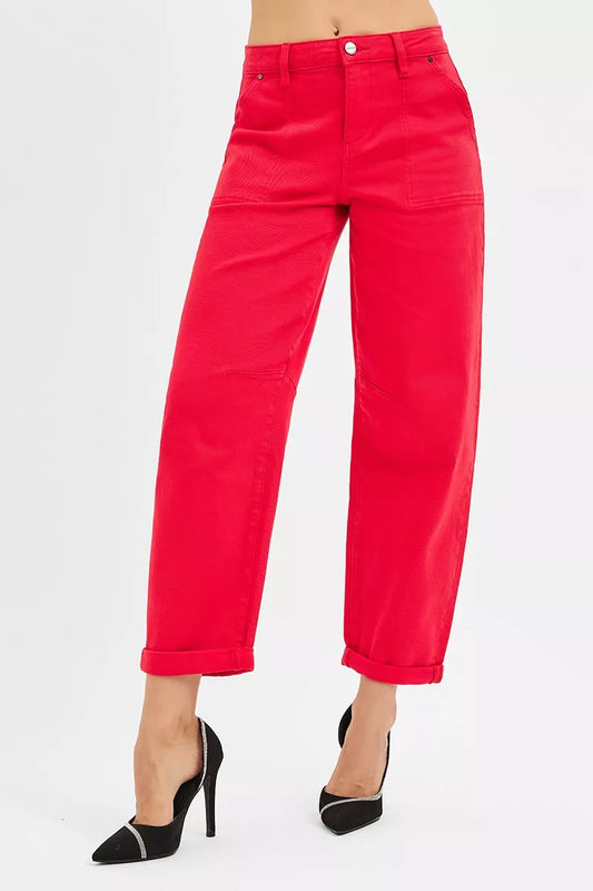 RISEN High Rise Ankle Cuffed Barrel Pants SCARLET / 0 