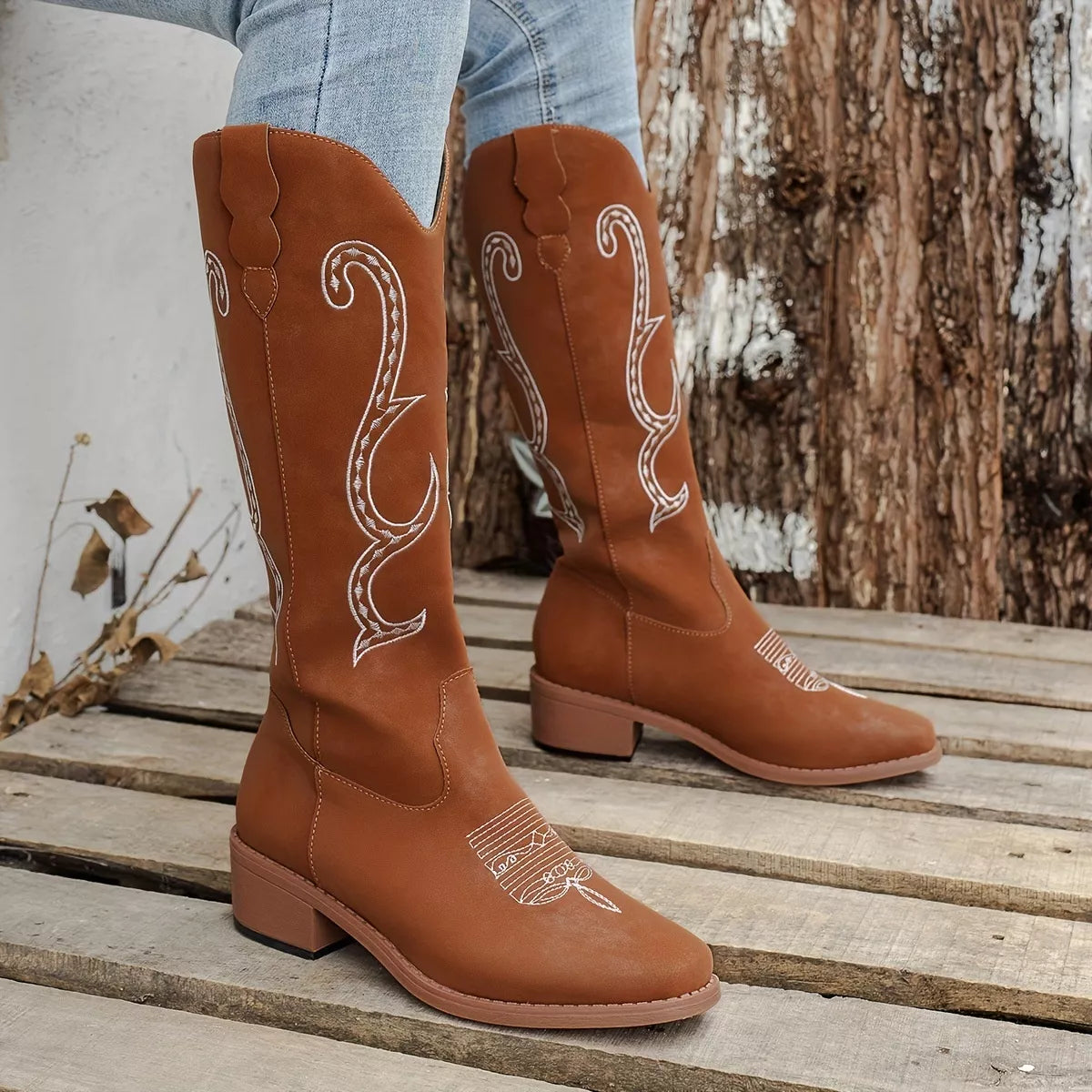 Embroidered Round Toe Block Heels Boots Dark Brown / 36 