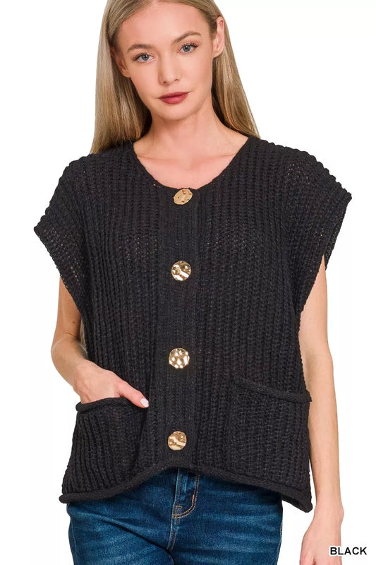 Zenana Button Down Sweater Vest with Front Pockets BLACK / S 