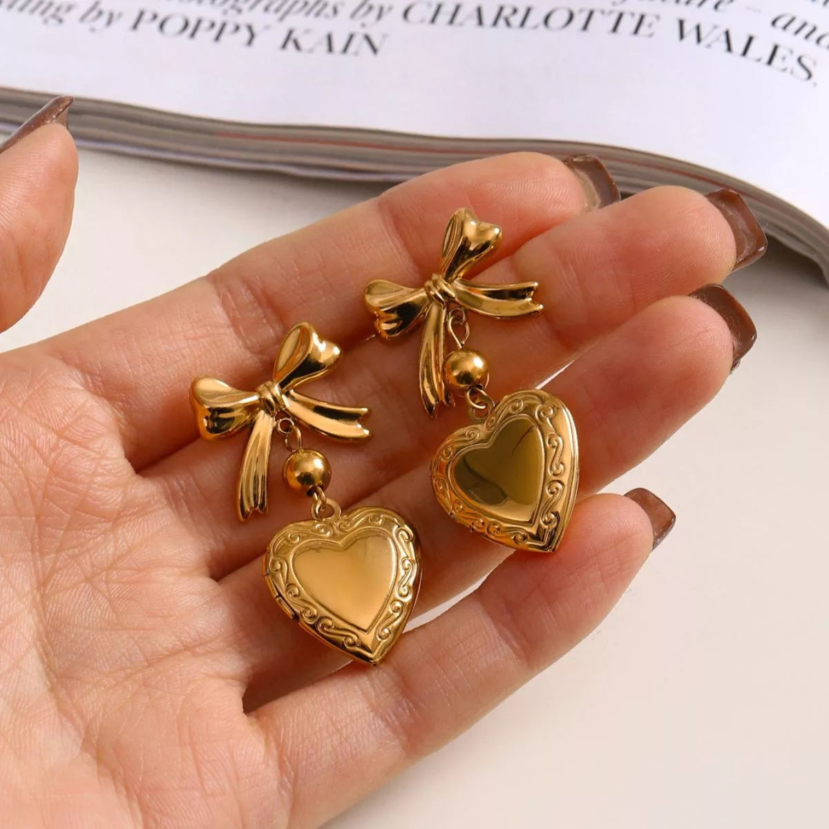 18K Gold-Plated Bow Heart Drop Earrings Gold / One Size 