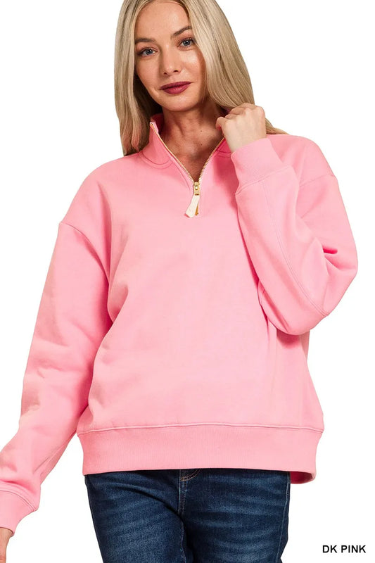 Zenana Fleece Half Zip Sweatshirt DK PINK / S 