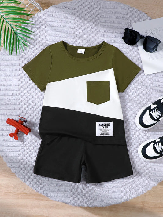 Children's Color Block Short Sleeve Top and Shorts Set Army Green / 4Y 