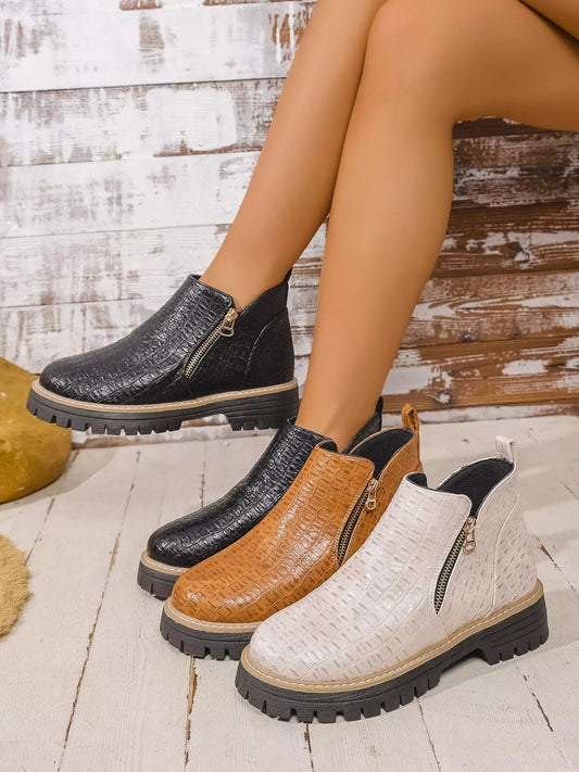 Round Toe Side Zip Ankle Boots Ivory / 36 