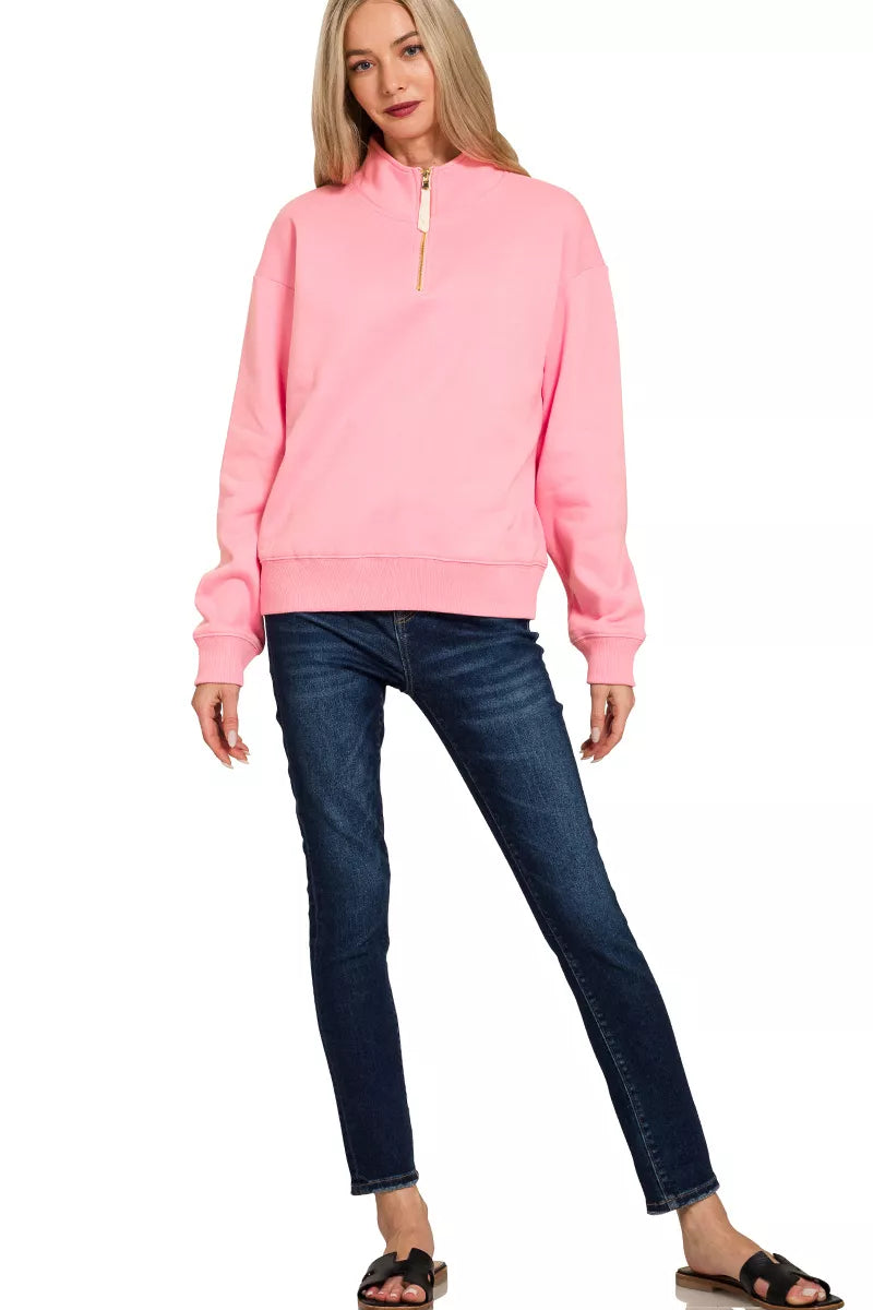 Zenana Fleece Half Zip Sweatshirt DK PINK / S 