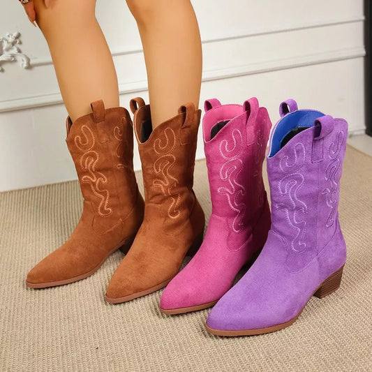 Point Toe Block Heels Boots Purple / 36 