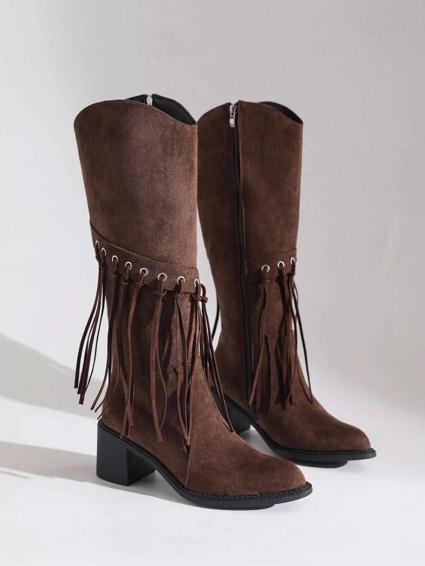 Fringe Point Toe Block Heels Boots Brown / 36 