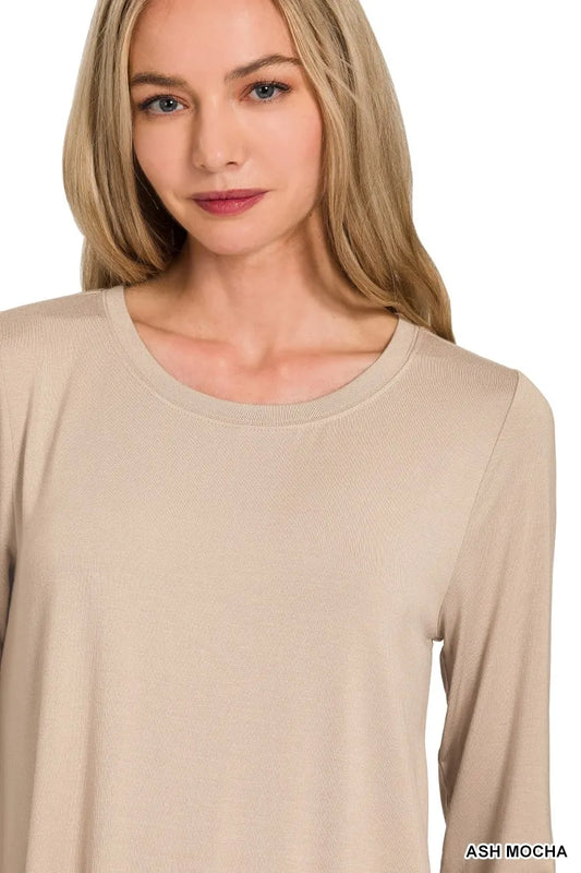 Zenana Flowy Round Hem Rayon Long Sleeve Top ASH MOCHA / S 