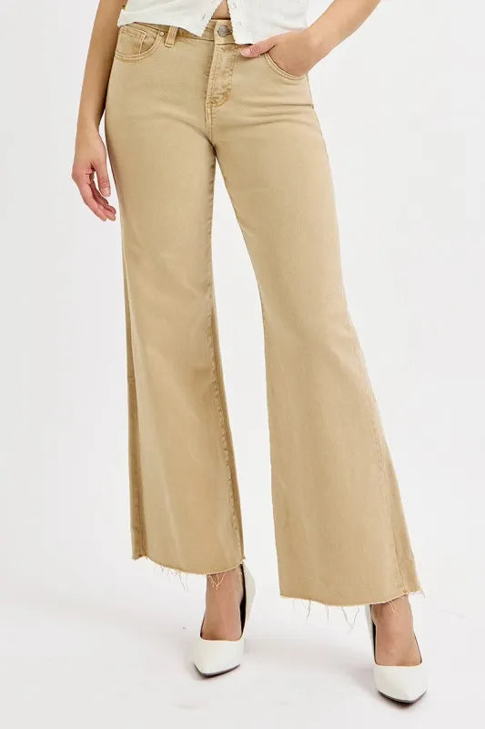RISEN Full Size Raw Hem Wide Leg Jeans Plus Size Tan / 0(24) 