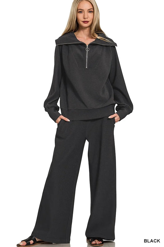 Zenana Ribbed High Neck Half Zip Pullover & Pants Set BLACK / S 