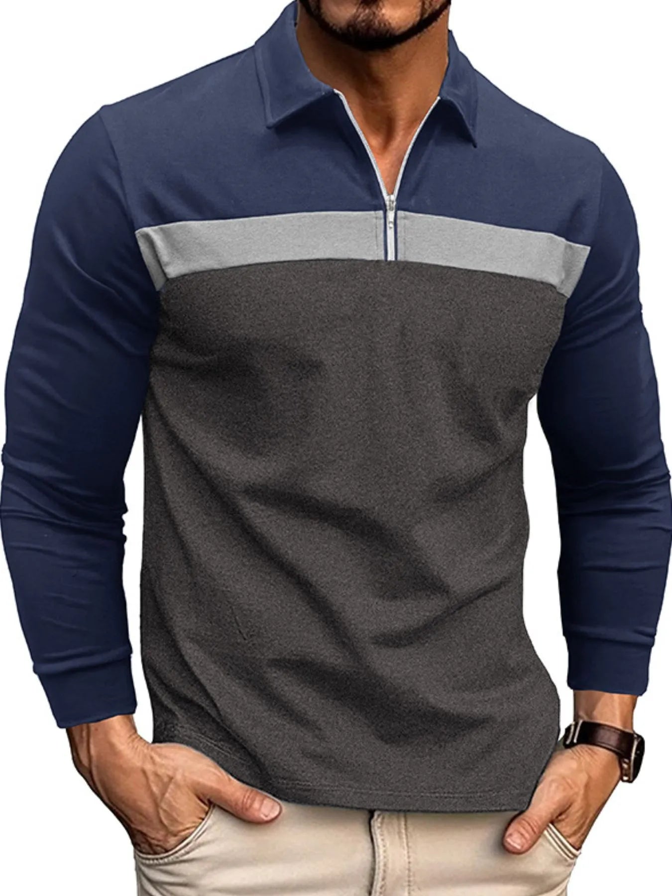 Men's Color Block Long Sleeve Polo Shirt Navy / S 