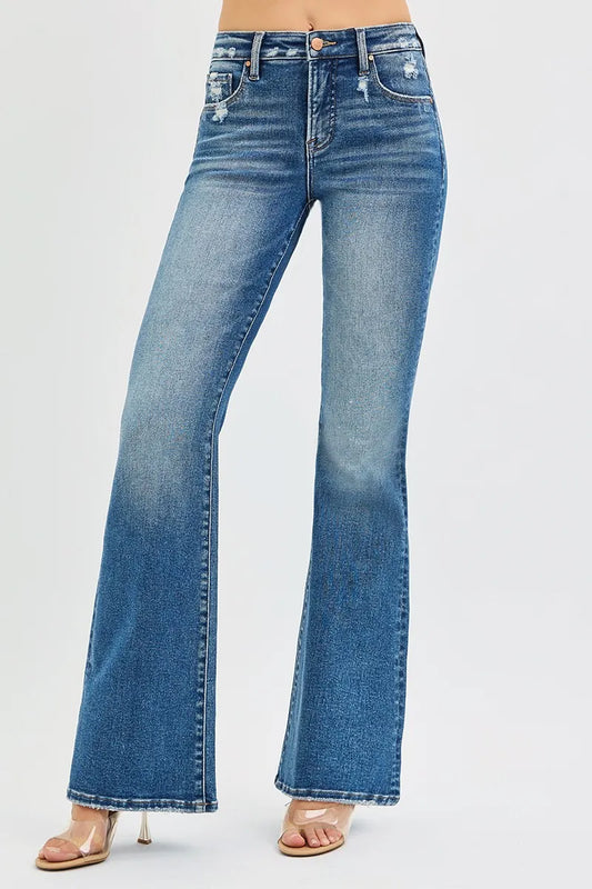RISEN Full Size Tummy Control High Rise Flare Jeans Plus Size DARK / 0 