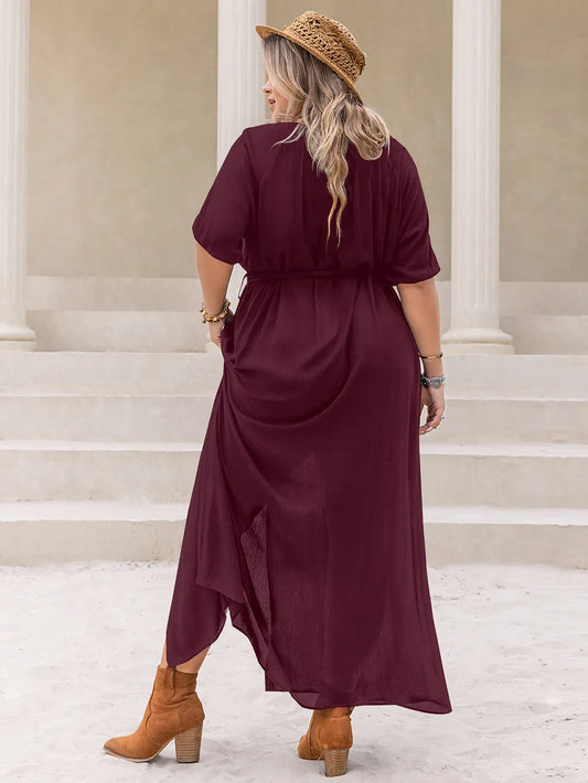 Plus Size Round Neck Half Sleeve Dress Burgundy / 0XL 