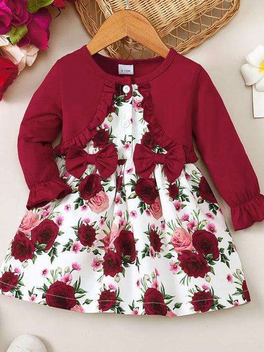 Frill Floral Round Neck Flounce Sleeve Dress Deep Red / 6-9M 