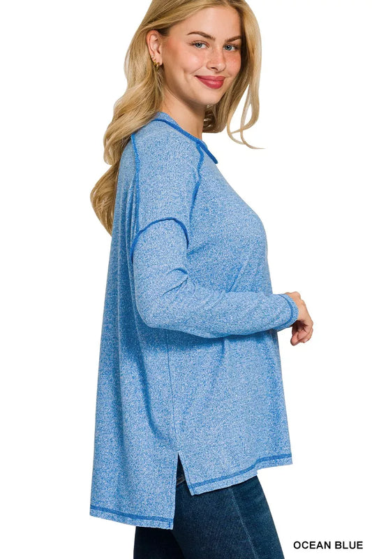 Zenana Full Size Melange Hacci Exposed Seam Hi-low Tee Plus Size OCEAN BLUE / S/M 