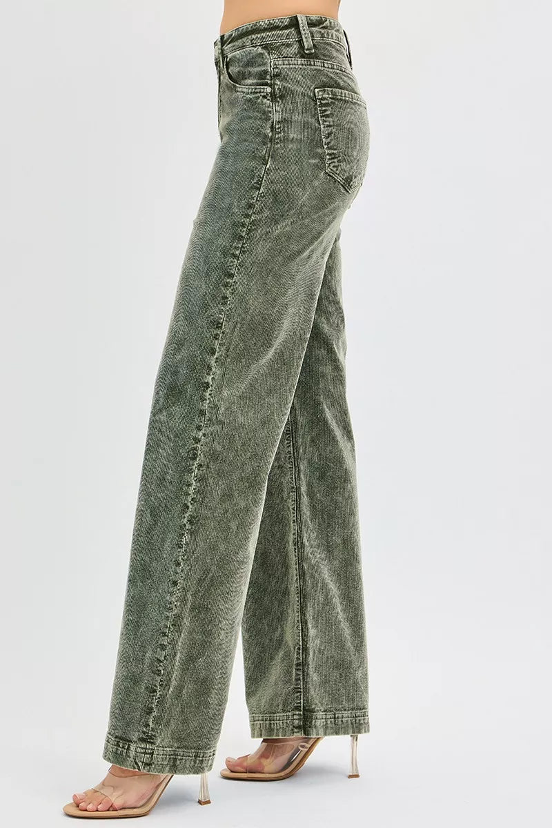 RISEN Full Size High Rise Wide Leg Corduroy Jeans Plus Size FOREST / 0 