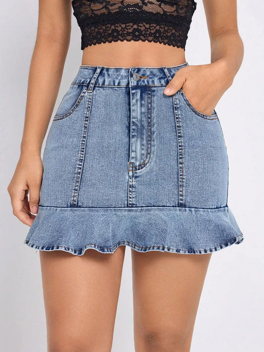Ruffled Hem Denim Mini Skirt Light / XS 