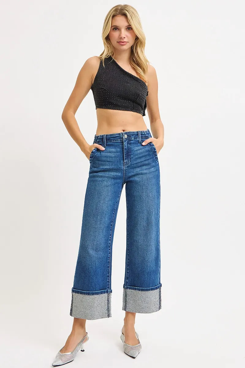 RISEN High Rise Ankle Wide Rhine Stone Cuffed Jeans DARK / 0 