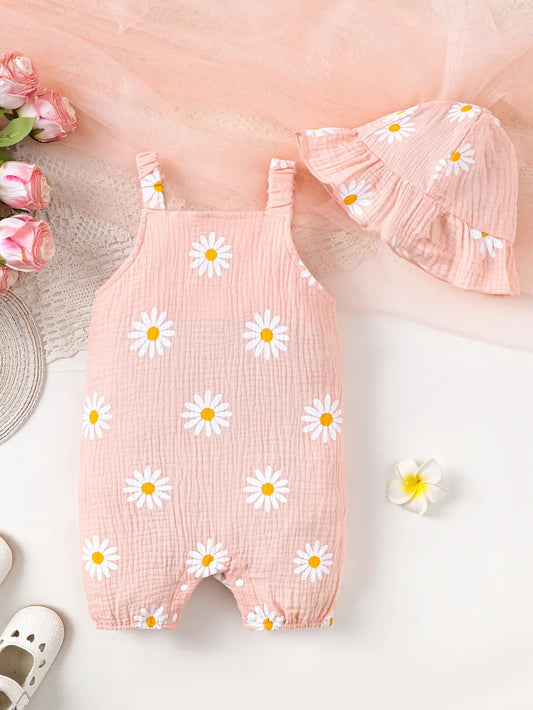 Children's Daisy Textured Wide Strap Romper and Hat Set Watermelon pink / 0-3M 
