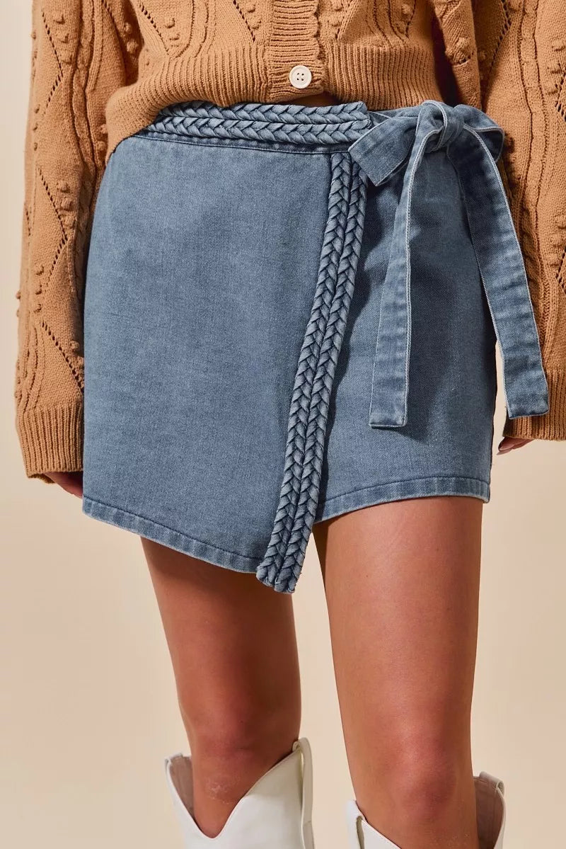 SO ME Wrap Braided Trimmed Denim Skort BLUE / S 