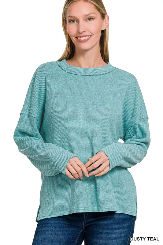 Zenana Brushed Ribbed Hacci Drop Shoulder Sweater DUSTY TEAL / S/M 