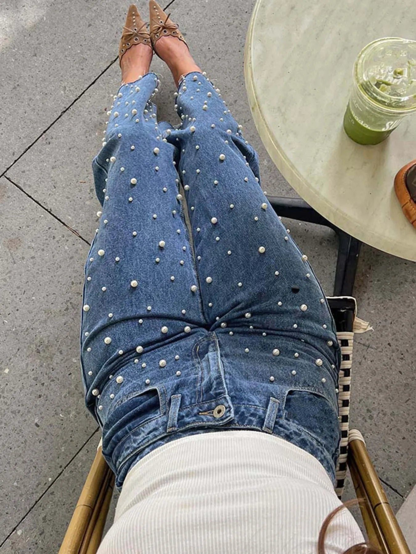 Pearl Embellished High Waist Straight Leg Jeans Blue / XS 