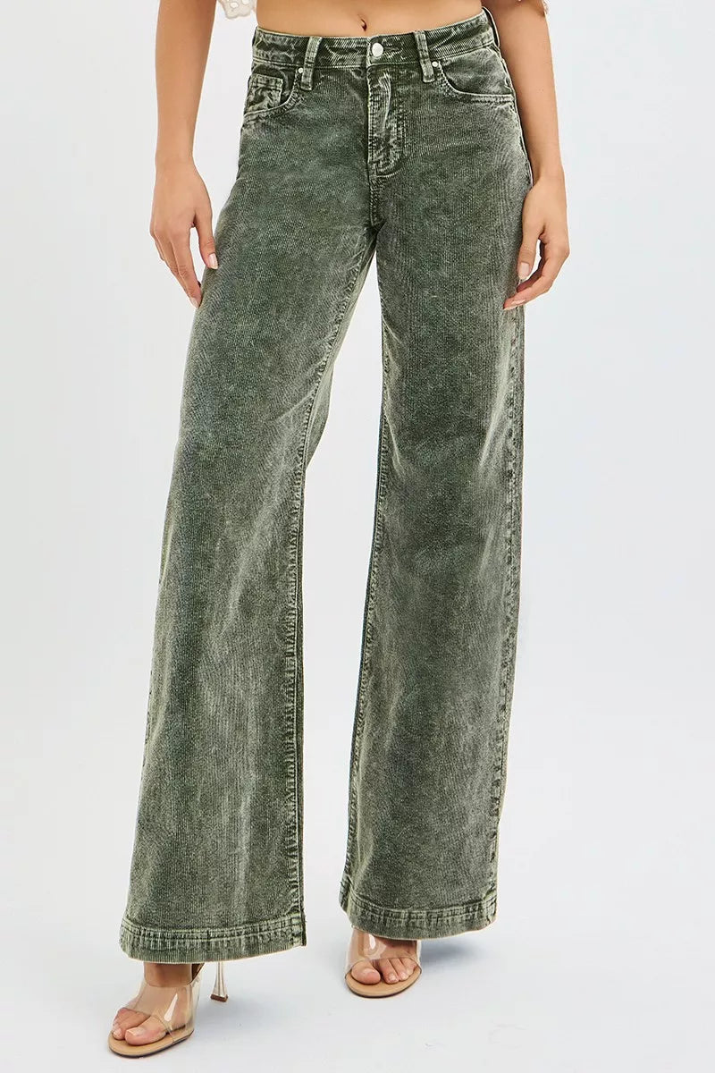 RISEN Full Size High Rise Wide Leg Corduroy Jeans Plus Size FOREST / 0 