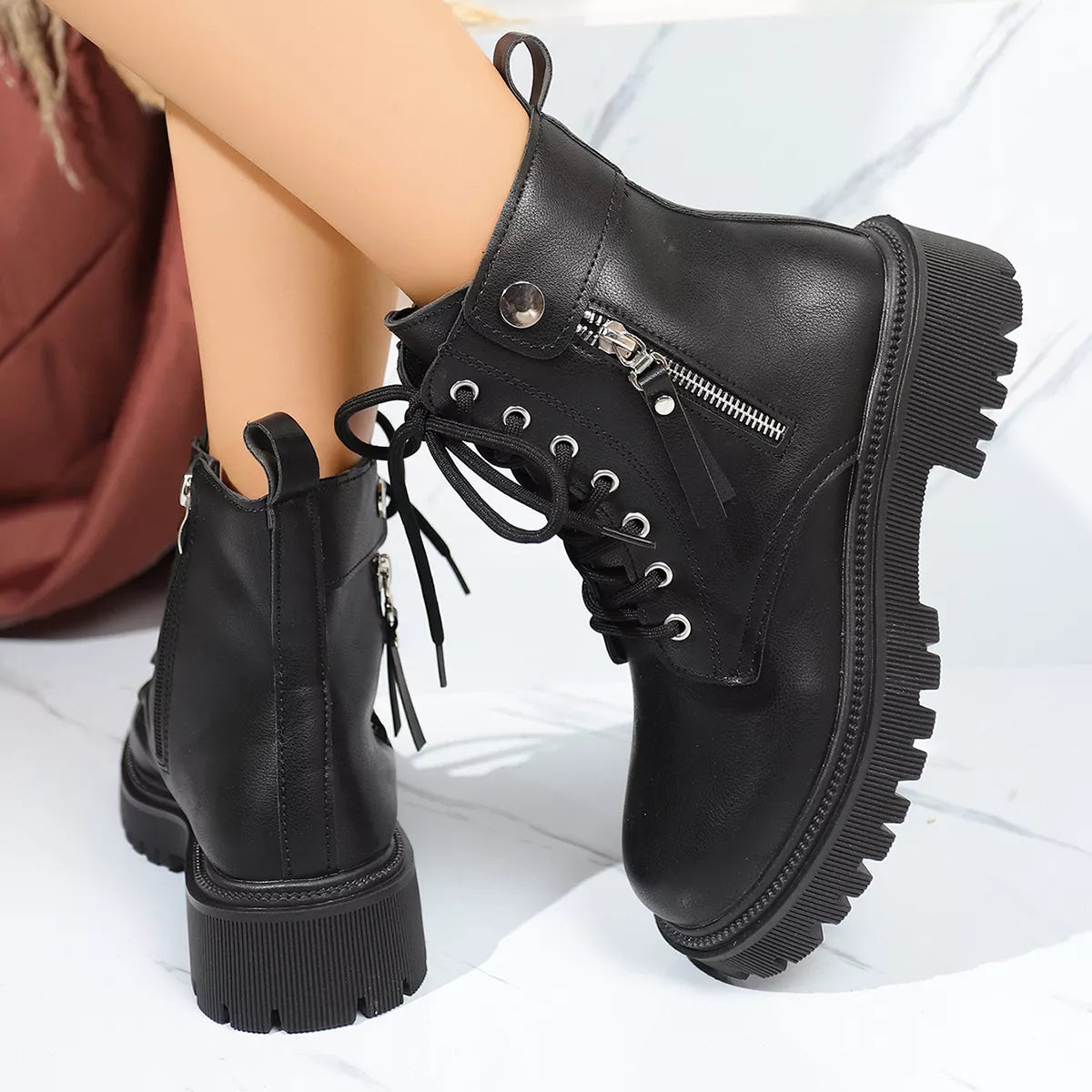 Round Toe Block Heels Boots Black / 35 