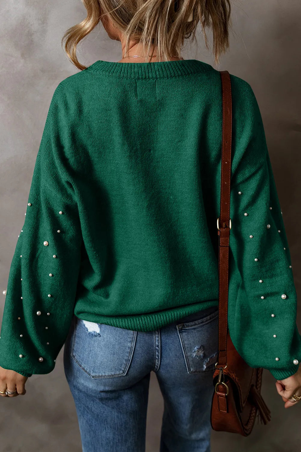 Pearl Detail Round Neck Long Sleeve Sweater Black / S 