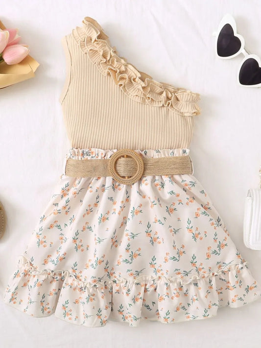 Single Shoulder Top and Printed Skirt Set Tan / 18-24M 