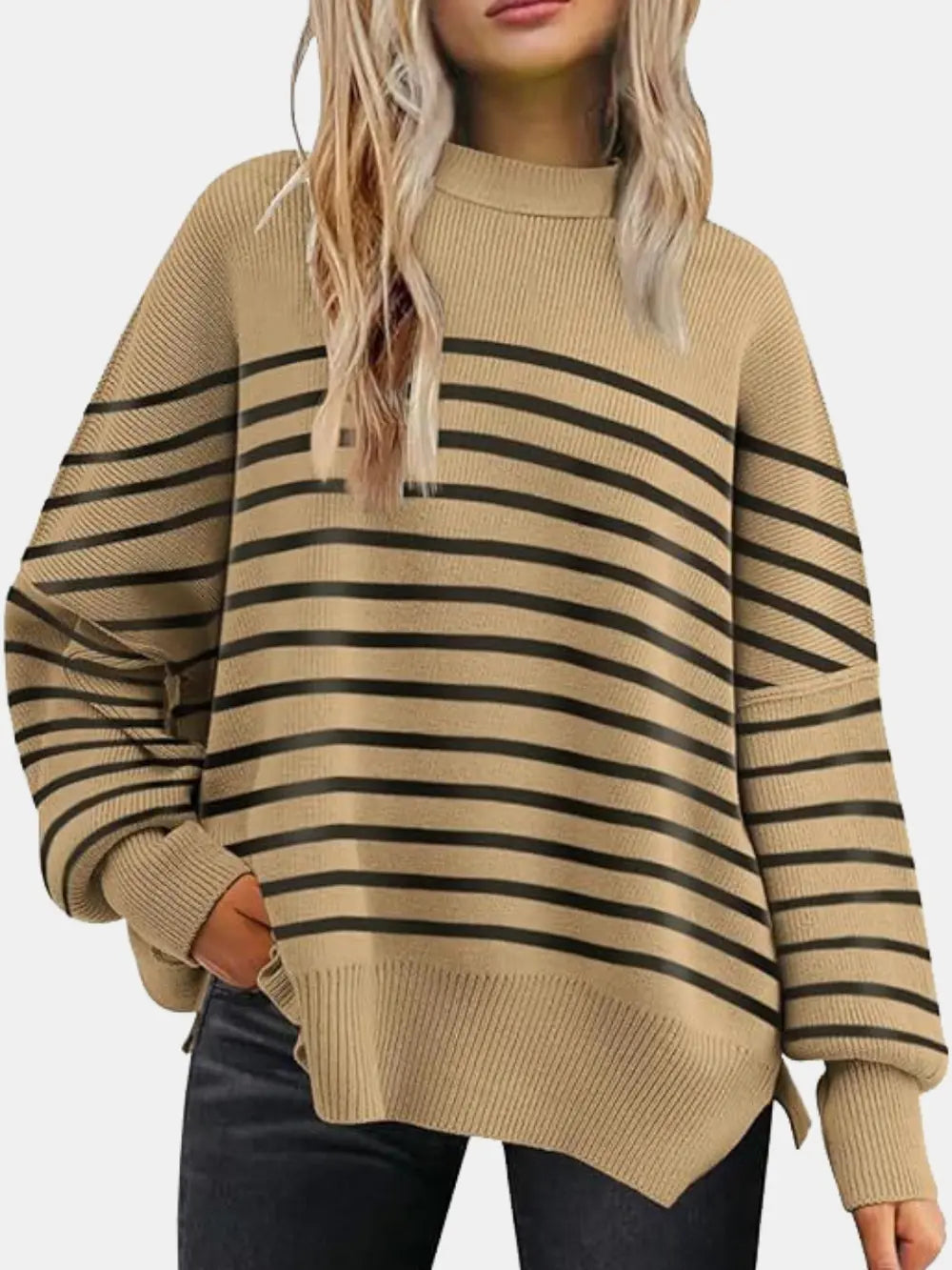 Round Neck Drop Shoulder Slit Sweater Sage / S 