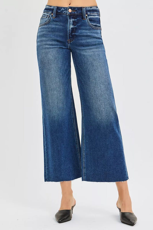 RISEN Full Size Mid Rise Crop Wide Raw Cut Hem Jeans Plus Size DARK / 0 