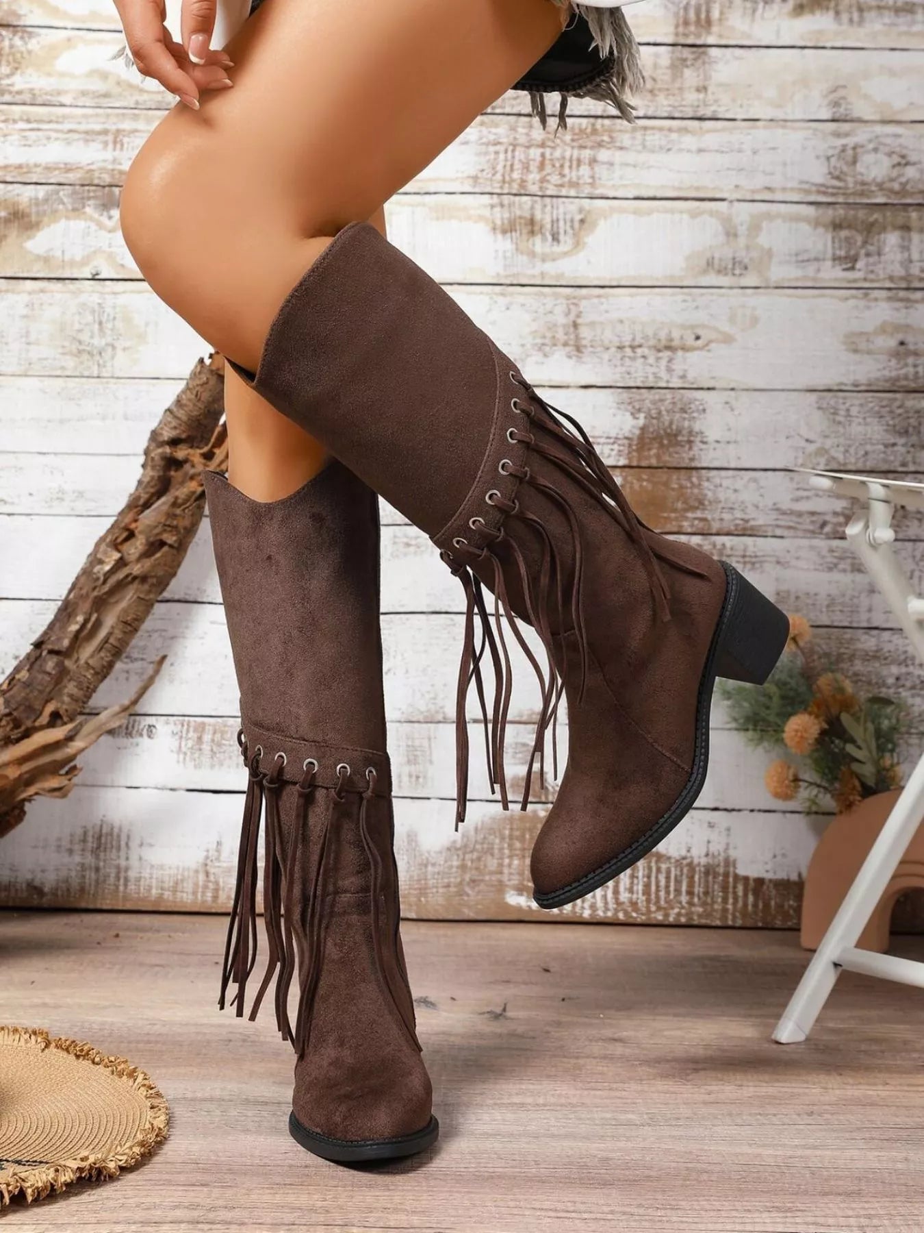 Fringe Point Toe Block Heels Boots Brown / 36 