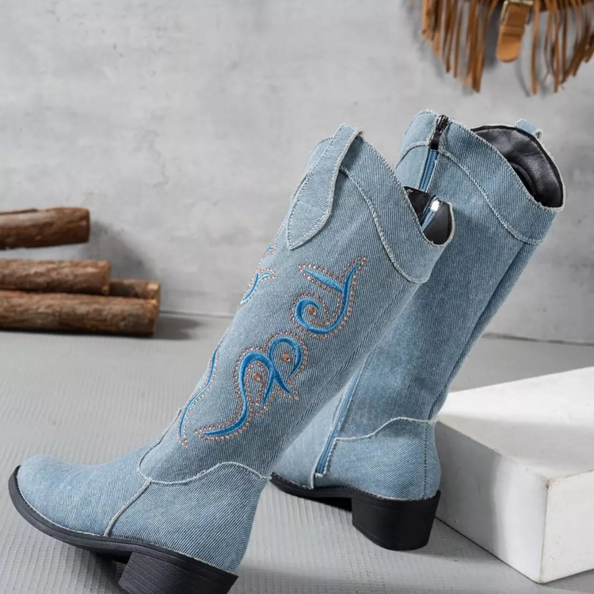 Embroidered Point Toe Block Heels Boots Light Blue / 36 