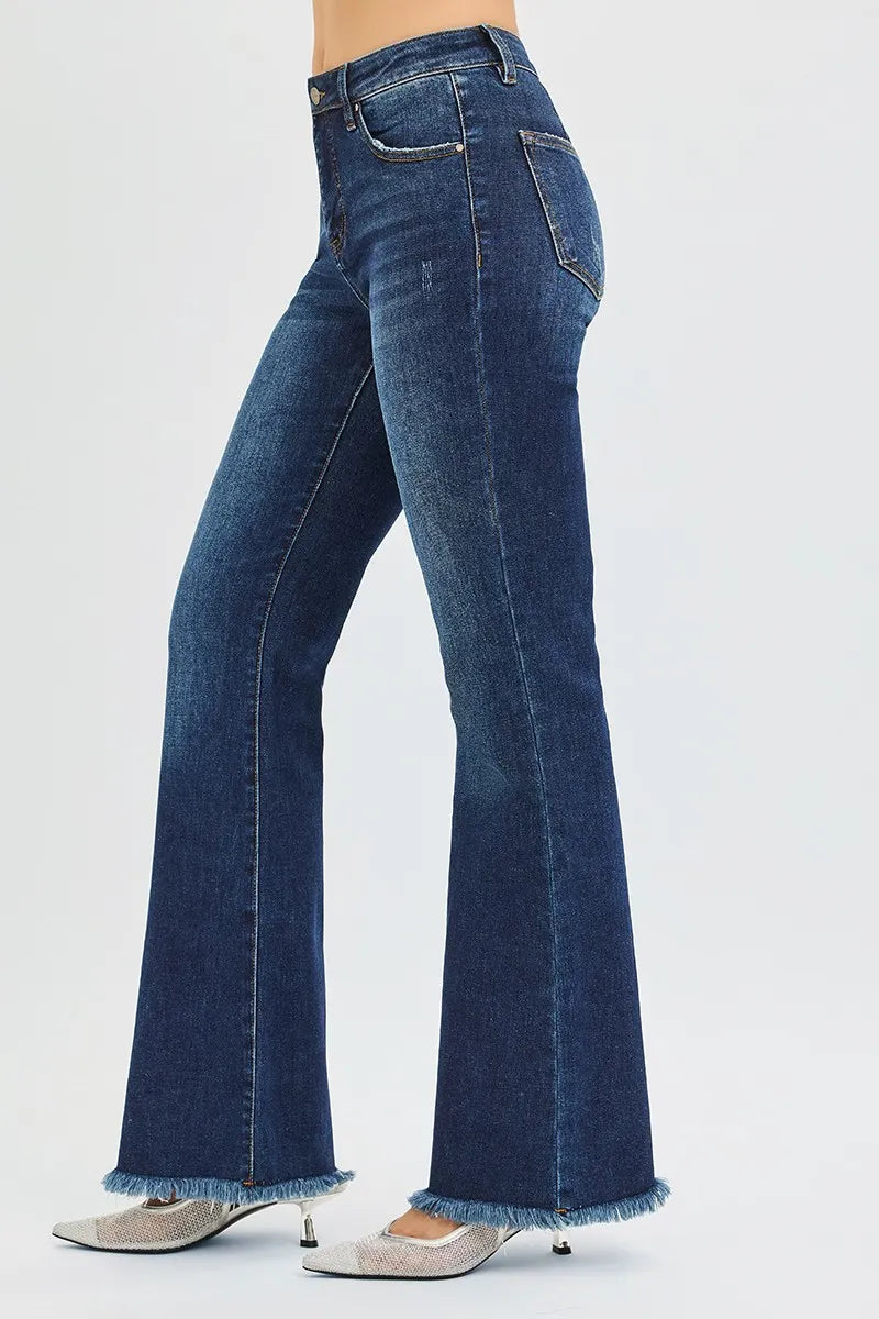 RISEN Full Size Tummy Control Mid Rise Flare Jeans Plus Size DARK / 0 