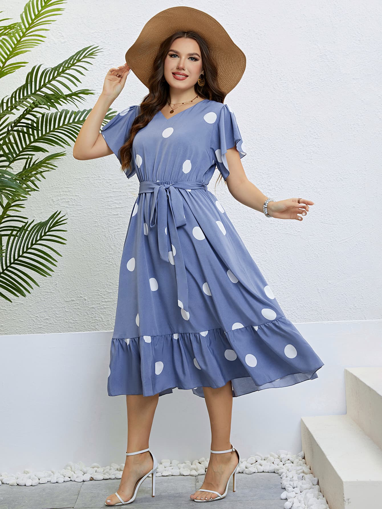 Honey Polka Dot Belted Flutter Sleeve Ruffle Hem Dress Blue Purple / 1X 