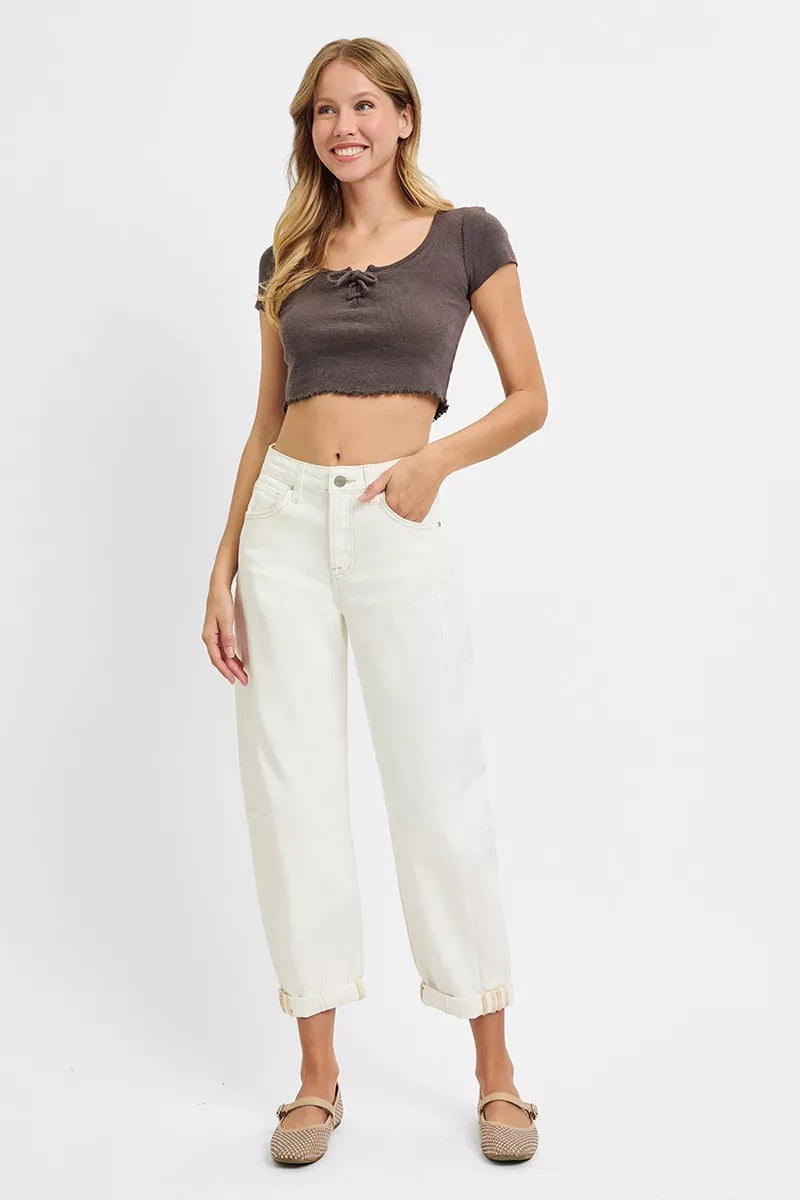 RISEN Full Size High Rise Barrel Cropped Jeans Plus Size CREAM / 0 