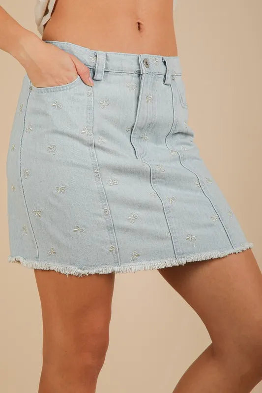 VERY J Bow Printed Casual Denim Mini Skirt Lt Indigo / S 
