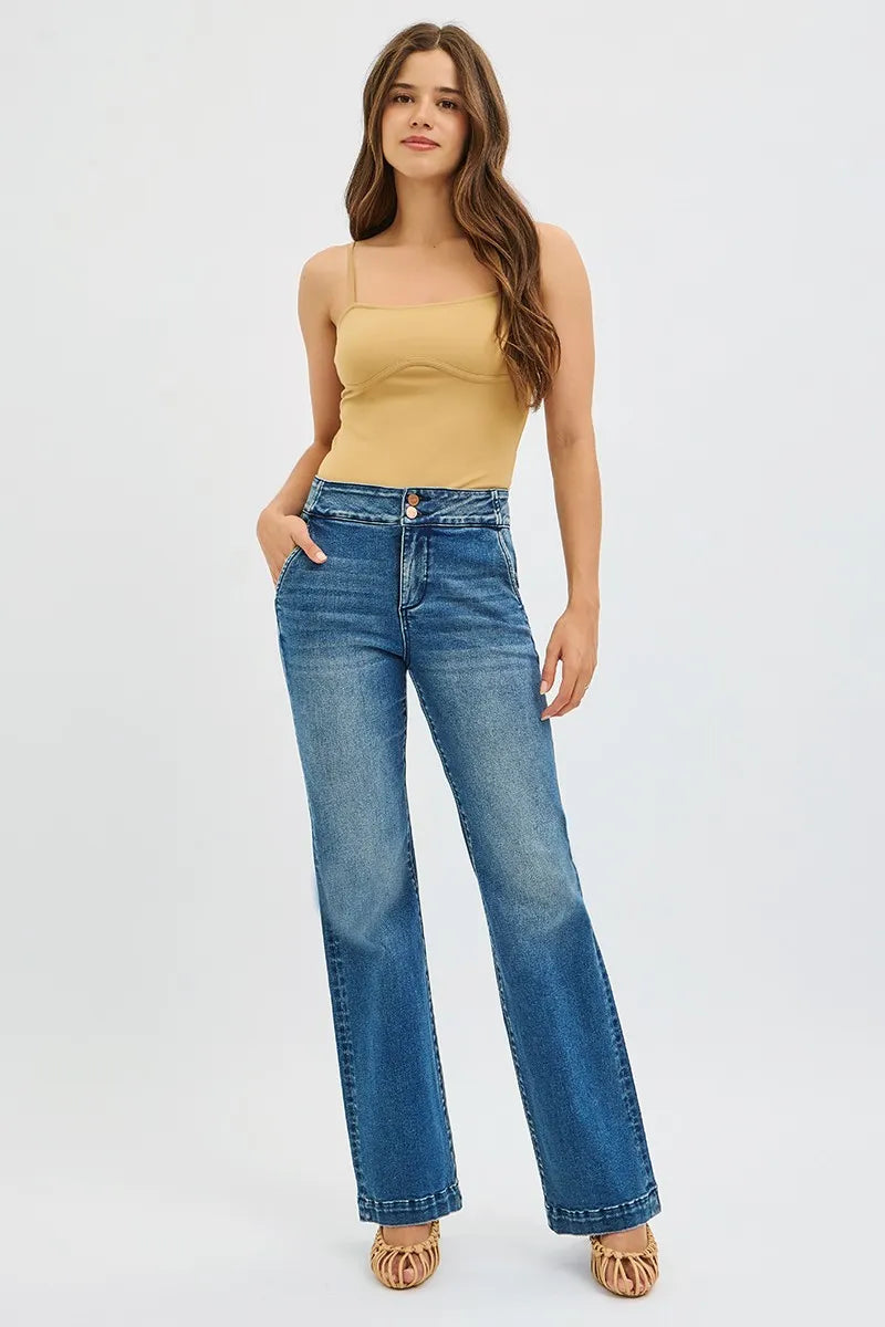 RISEN Full Size Tummy Control High Rise Bootcut Jeans with Double Button Waistband Plus Size DARK / 0 
