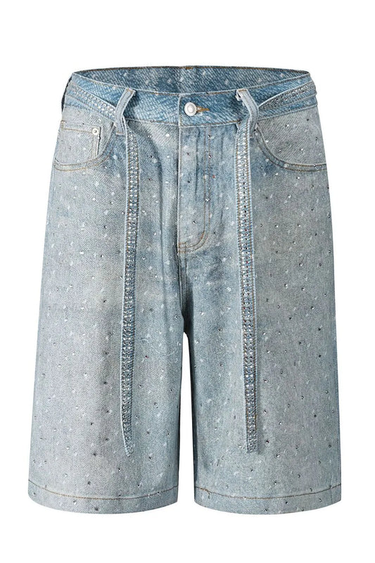 Men's Washed Rhinestone Denim Bermuda Shorts Medium / 30 