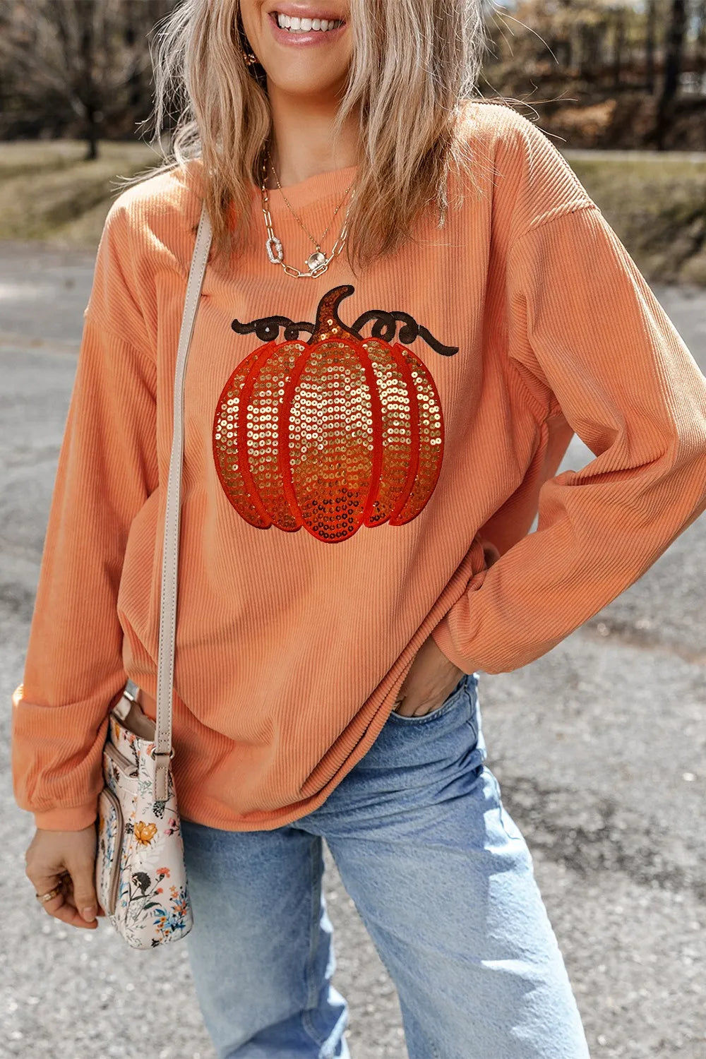 Sequin Pumpkin Round Neck Long Sleeve Sweatshirt Sherbet / S 