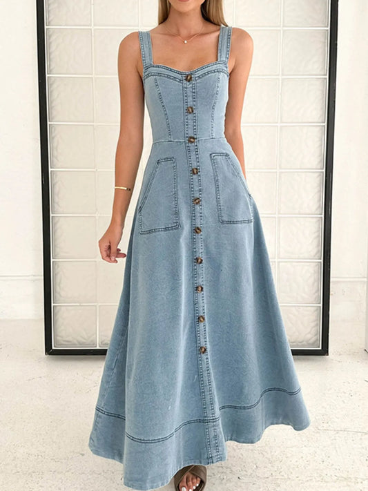 Wide Strap Sweetheart Neck Denim Dress Light Blue / S 