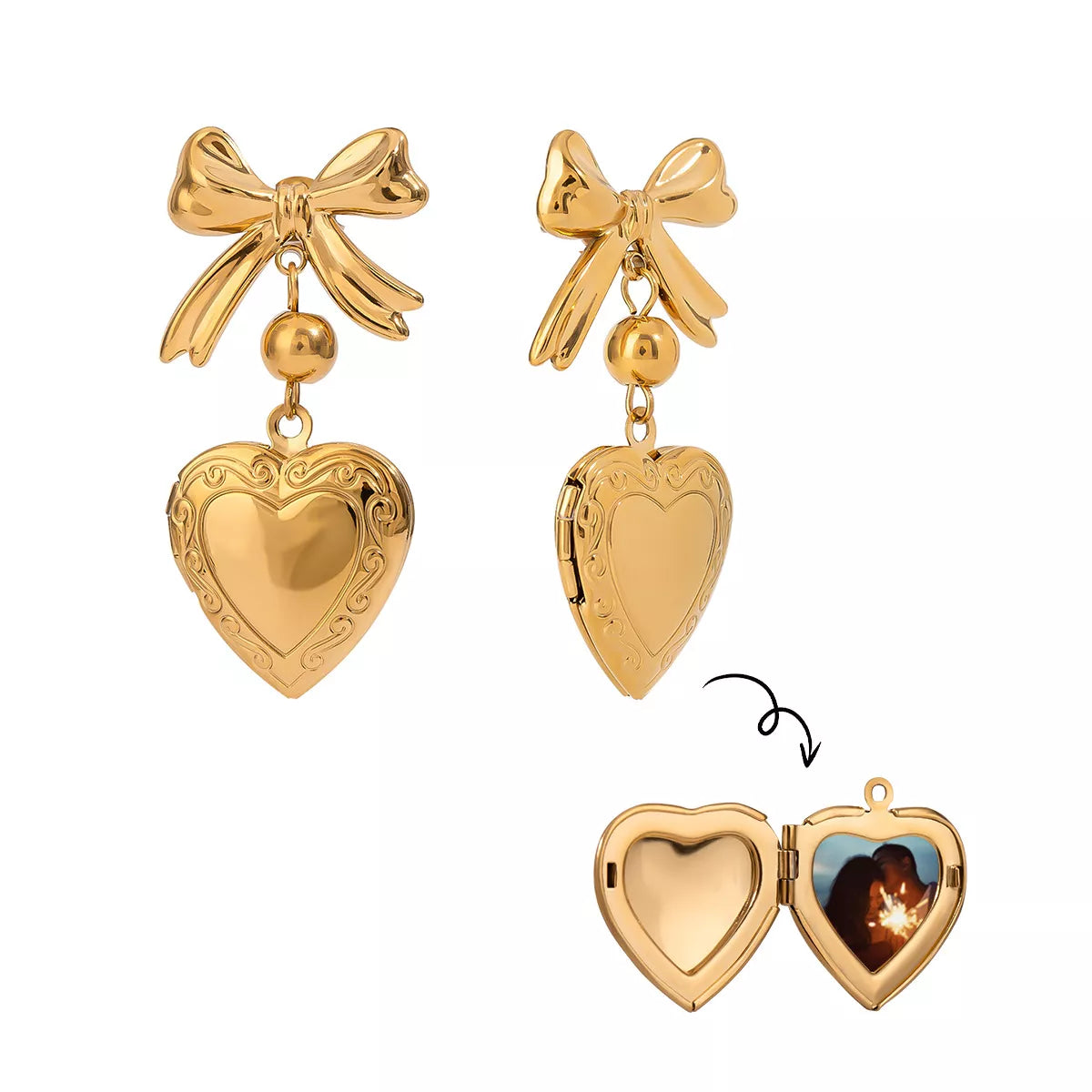 18K Gold-Plated Bow Heart Drop Earrings Gold / One Size 