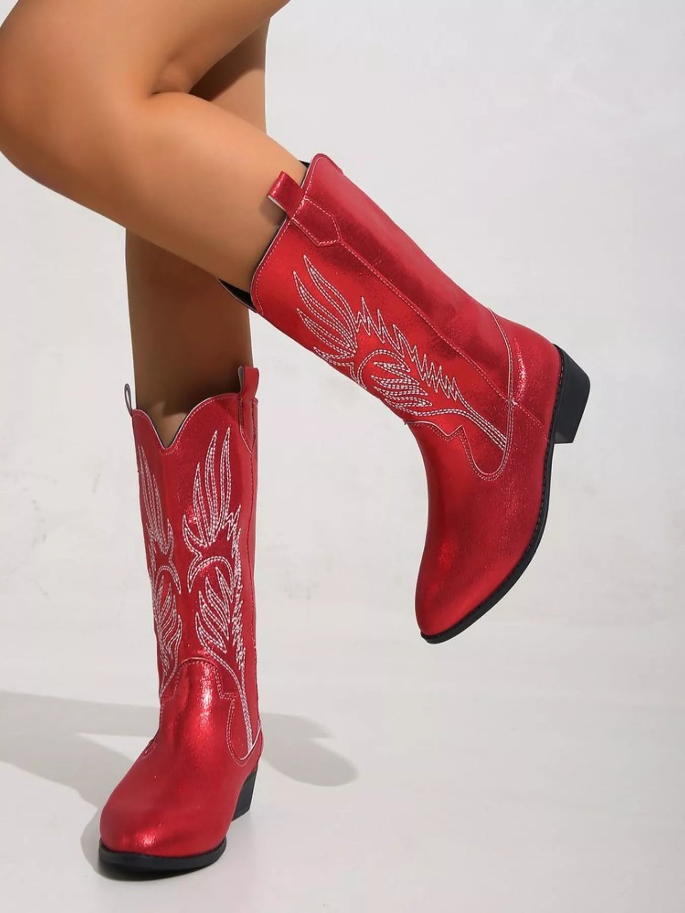 Embroidered Block Heels Boots Red / 36 