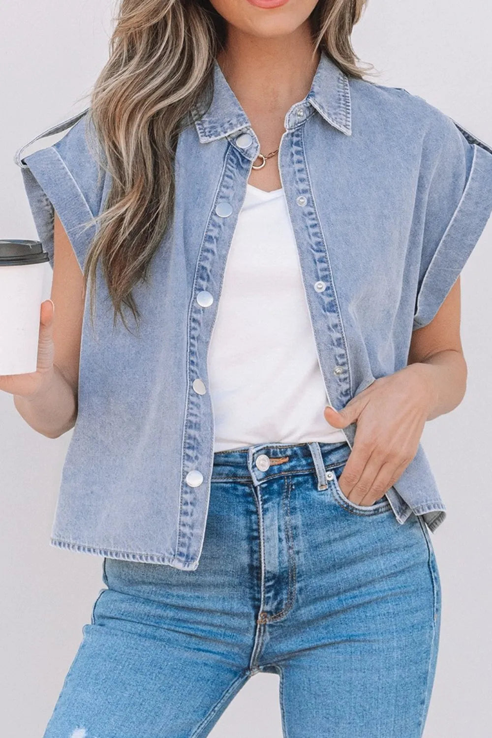Snap Down Cap Sleeve Denim Top Light Blue / S 