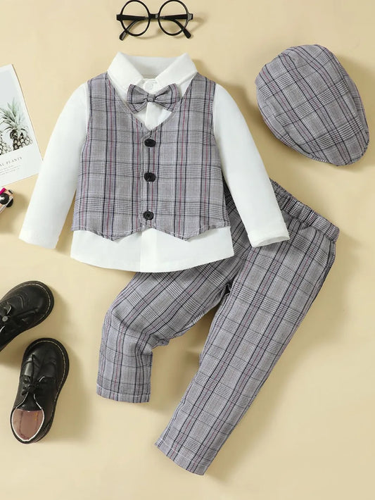 Hat, Long Sleeve Shirt, Plaid Vest and Pants 4-Piece Set Black/White / 2-3 