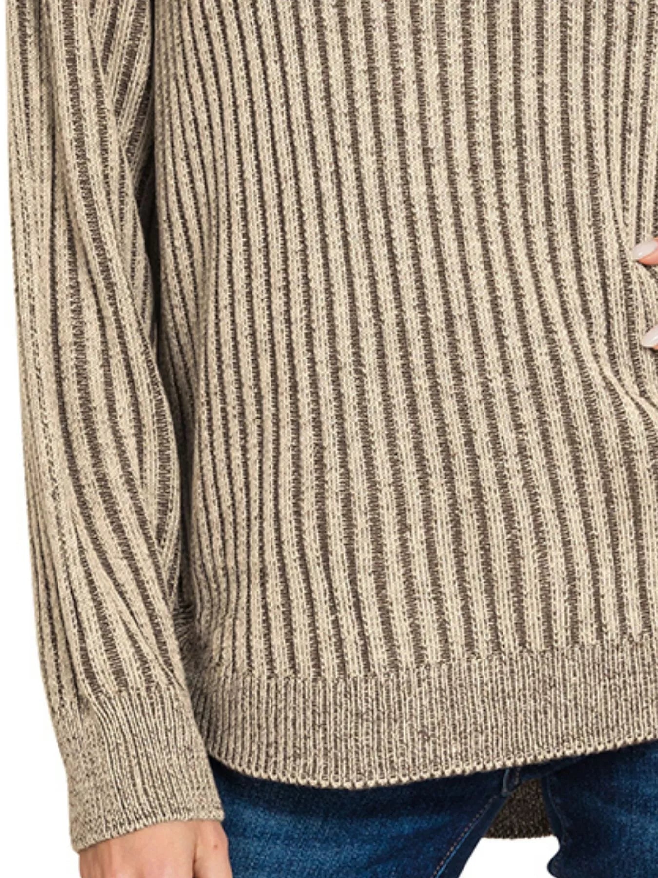 Zenana Curved Hem Two-Tone Ribbed Sweater BROWN / S 