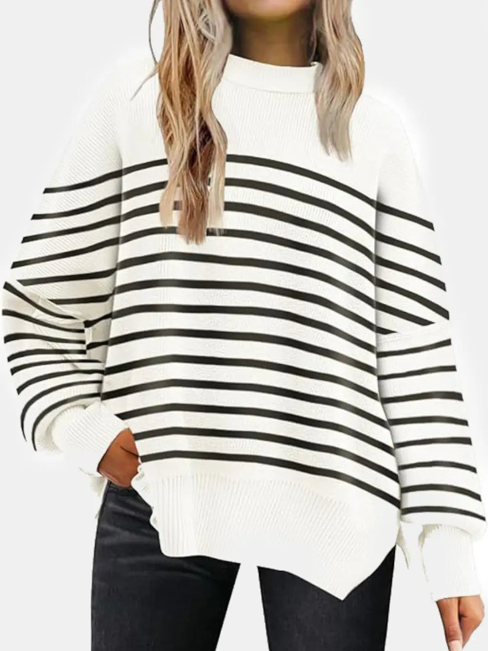 Round Neck Drop Shoulder Slit Sweater Sage / S 
