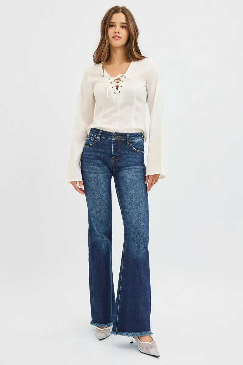 RISEN Full Size Tummy Control Mid Rise Flare Jeans Plus Size DARK / 0 